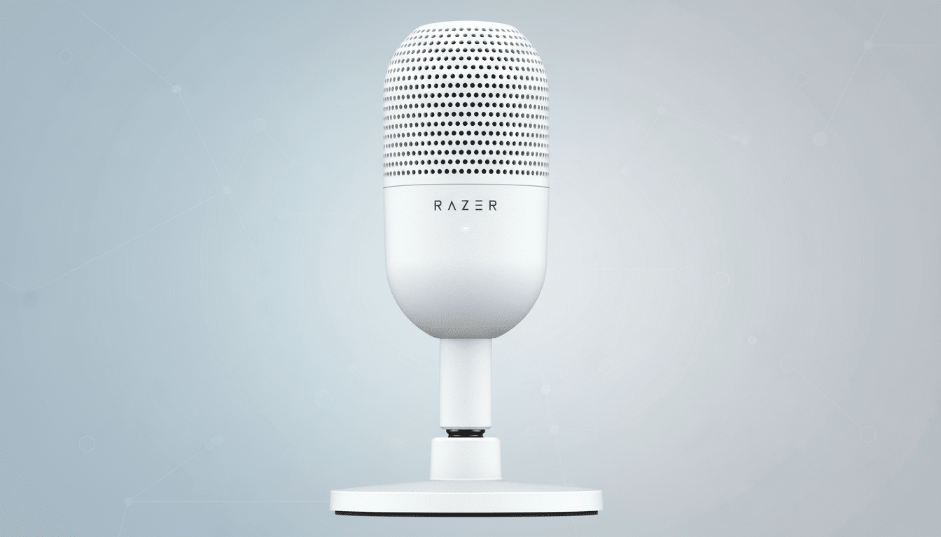 A white Razer Seiren Mini microphone on a professional light blue background with subtle geometric patterns.