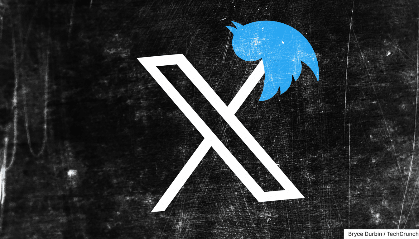 The letter X in white with a blue Twitter bird perched on its upper right side, set against a dark, textured background.