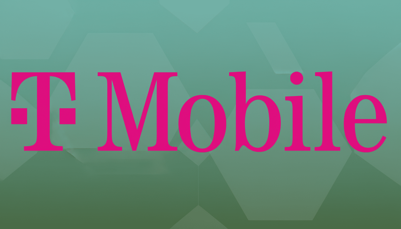 The T-Mobile logo in bright pink against a professional flat design background with soft patterns and gradients.