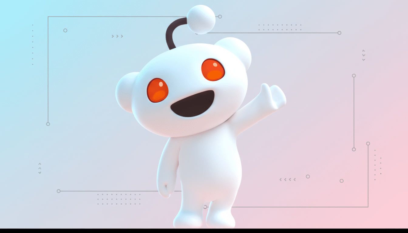 A 3D rendering of the Reddit Snoo mascot, a white alien-like figure with large orange eyes and an antenna, waving its left hand. The background is a professional flat design with a soft blue and pink gradient and subtle geometric patterns.