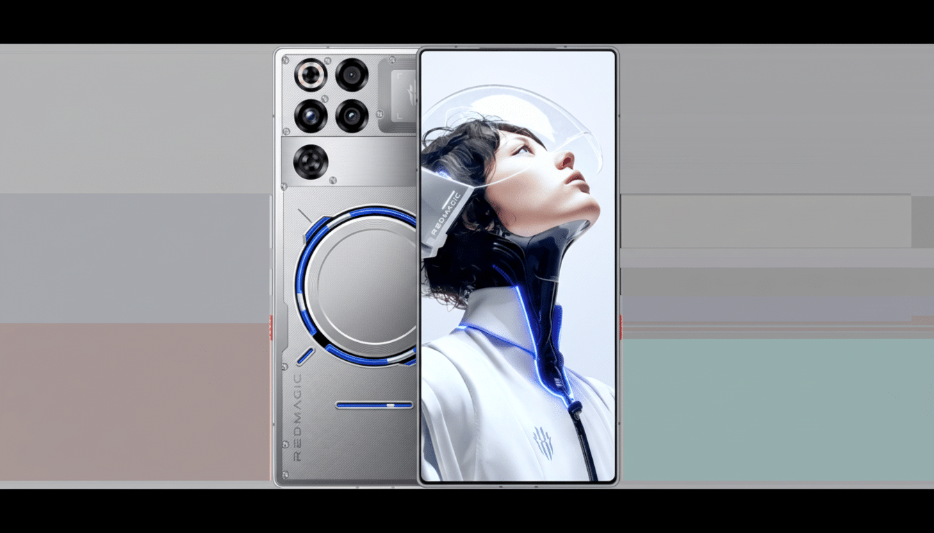 A professional image of a silver smartphone with a futuristic design, featuring multiple cameras on the back and a screen displaying a person in a clear helmet looking upwards. The image is set against a subtle gradient background.