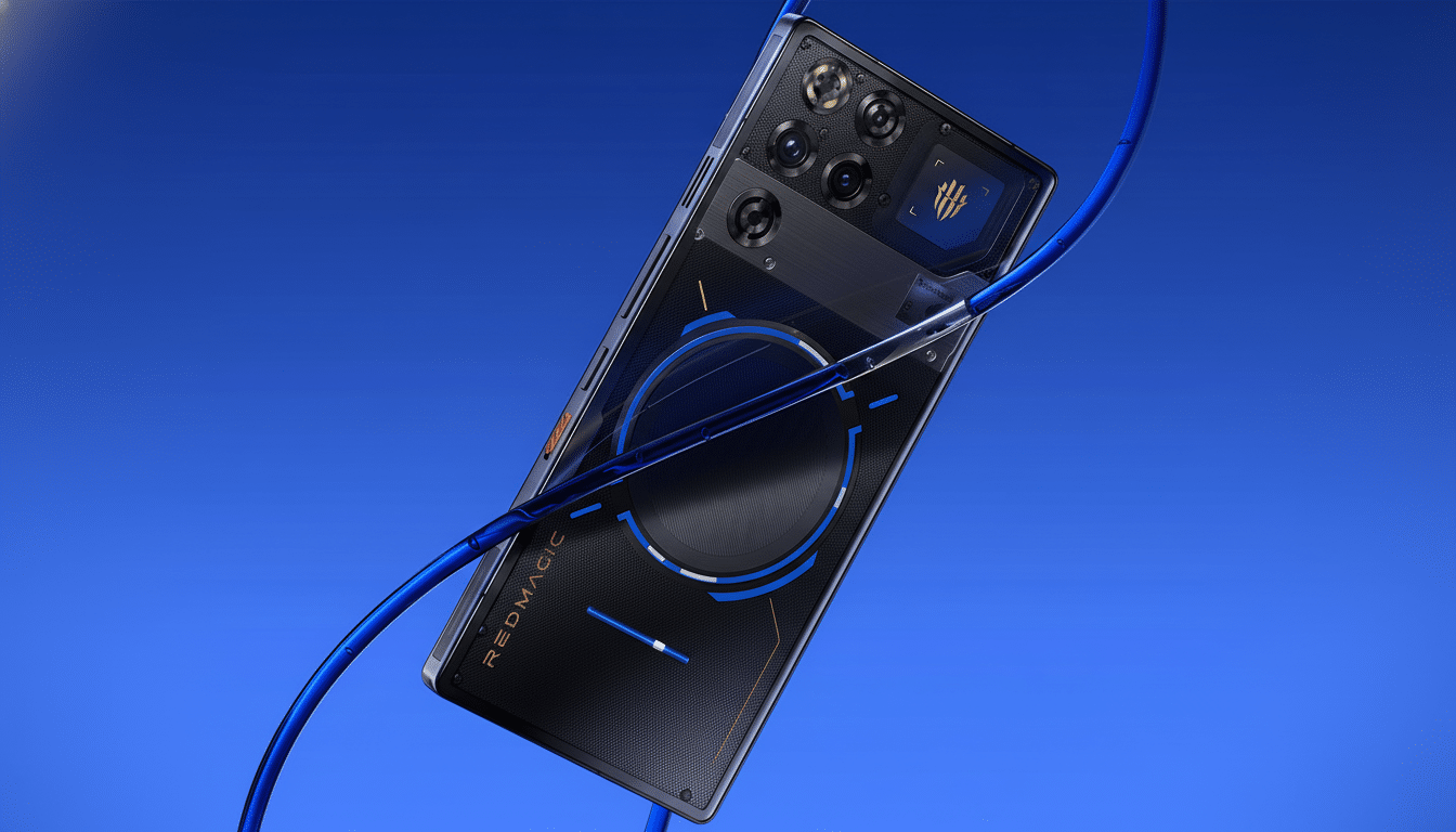 A RedMagic gaming smartphone with a transparent back panel, showcasing internal components and blue accents, set against a vibrant blue background with a blue cable curving around it.