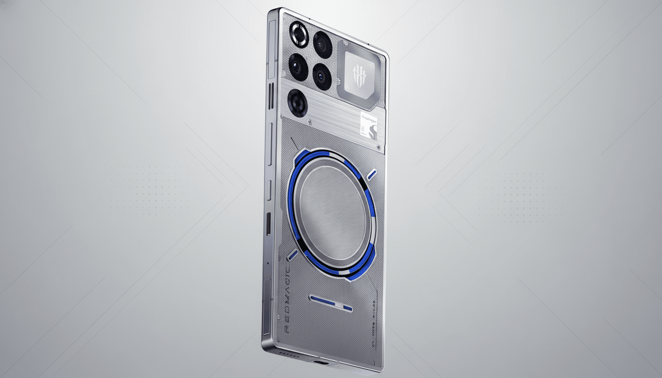 A professional, enhanced image of a silver RedMagic gaming smartphone with blue accents, presented on a clean, light gray background with subtle geometric patterns.