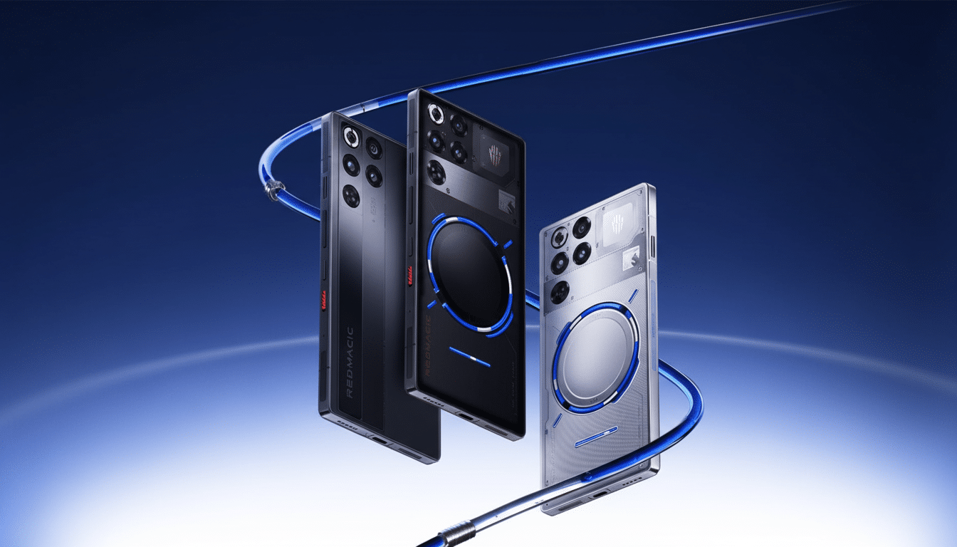 Three Redmagic smartphones, two dark and one light, are displayed at an angle against a deep blue background with subtle light gradients and a blue line curving around them.