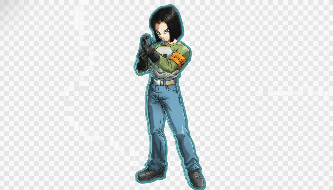An image of Android 17 from Dragon Ball, resized to a 16:9 aspect ratio, maintaining the original background.