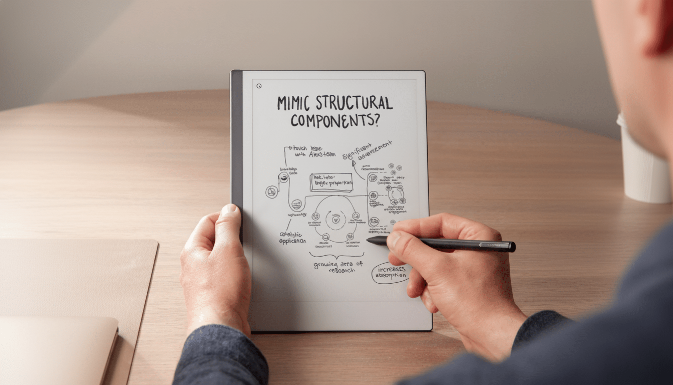 A persons hands holding a digital tablet displaying a handwritten diagram with the title MIMIC STRUCTURAL COMPONENTS? and various interconnected concepts, with a stylus in one hand, set on a wooden desk.
