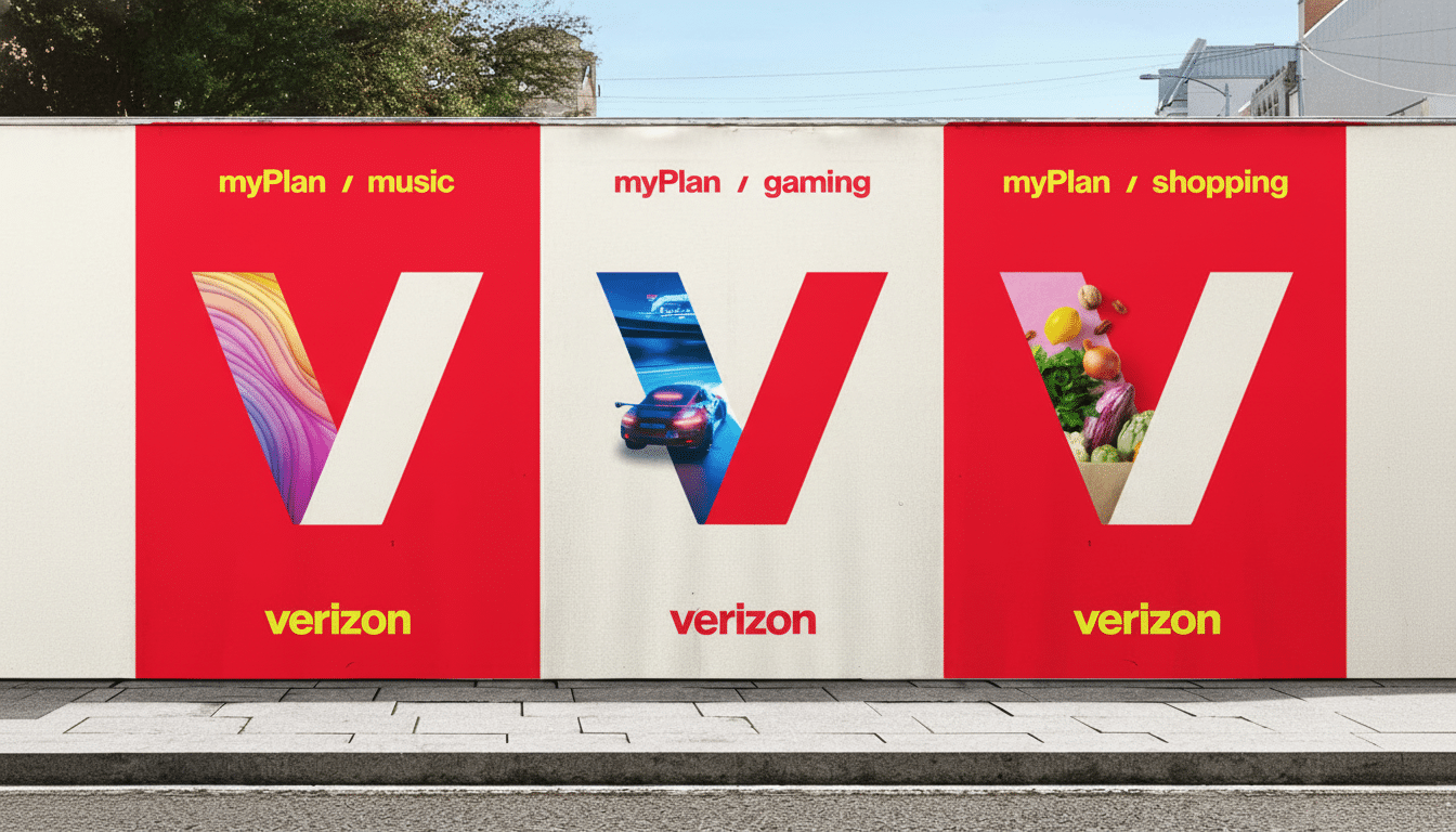 A Verizon billboard with three sections, each featuring a large red V logo. The left section is for myPlan / music with colorful waves inside the V. The middle section is for myPlan / gaming with a red sports car inside the V. The right section is for myPlan / shopping with groceries inside the V. The billboard is set against a street and buildings.