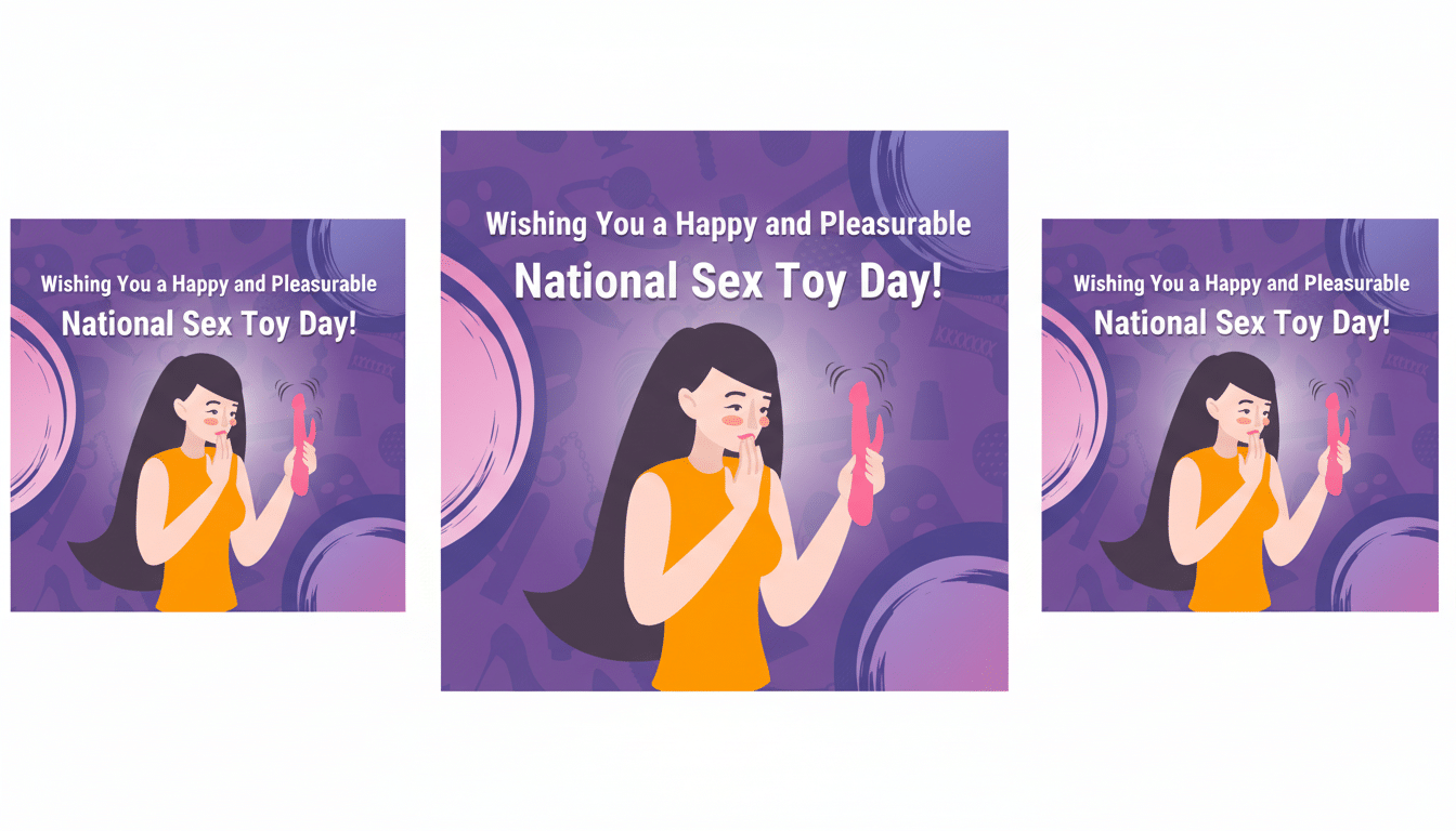 A woman in an orange top holding a pink vibrator, with the text Wishing You a Happy and Pleasurable National Sex Toy Day! on a purple background with subtle patterns.