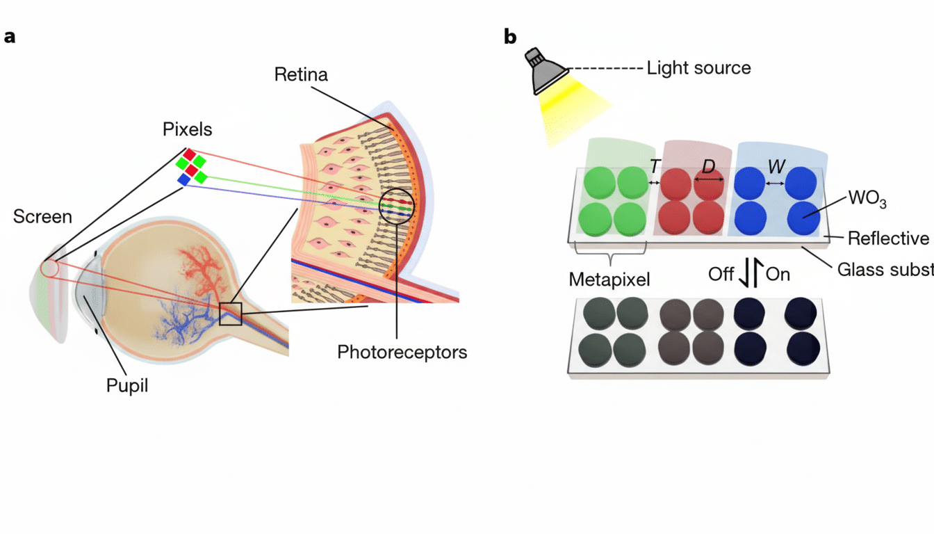 A diagram illustrating how pixels from a screen are perceived by the human eyes retina, alongside a schematic of a metapixel display technology.