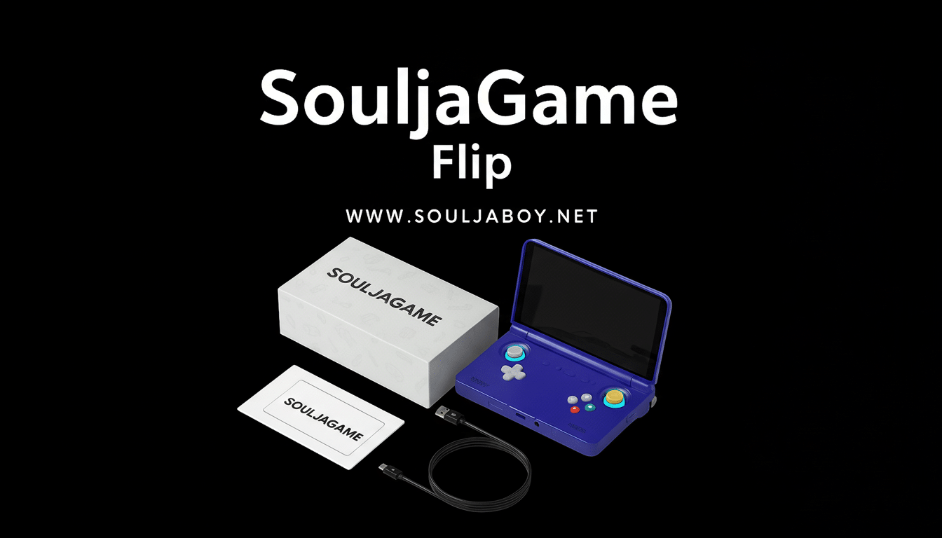 A SouljaGame Flip handheld console, its box, a card, and a charging cable are displayed on a black background. The console is purple with blue and yellow buttons. The text SouljaGame Flip and WWW.SOULJABOY.NET are at the top.