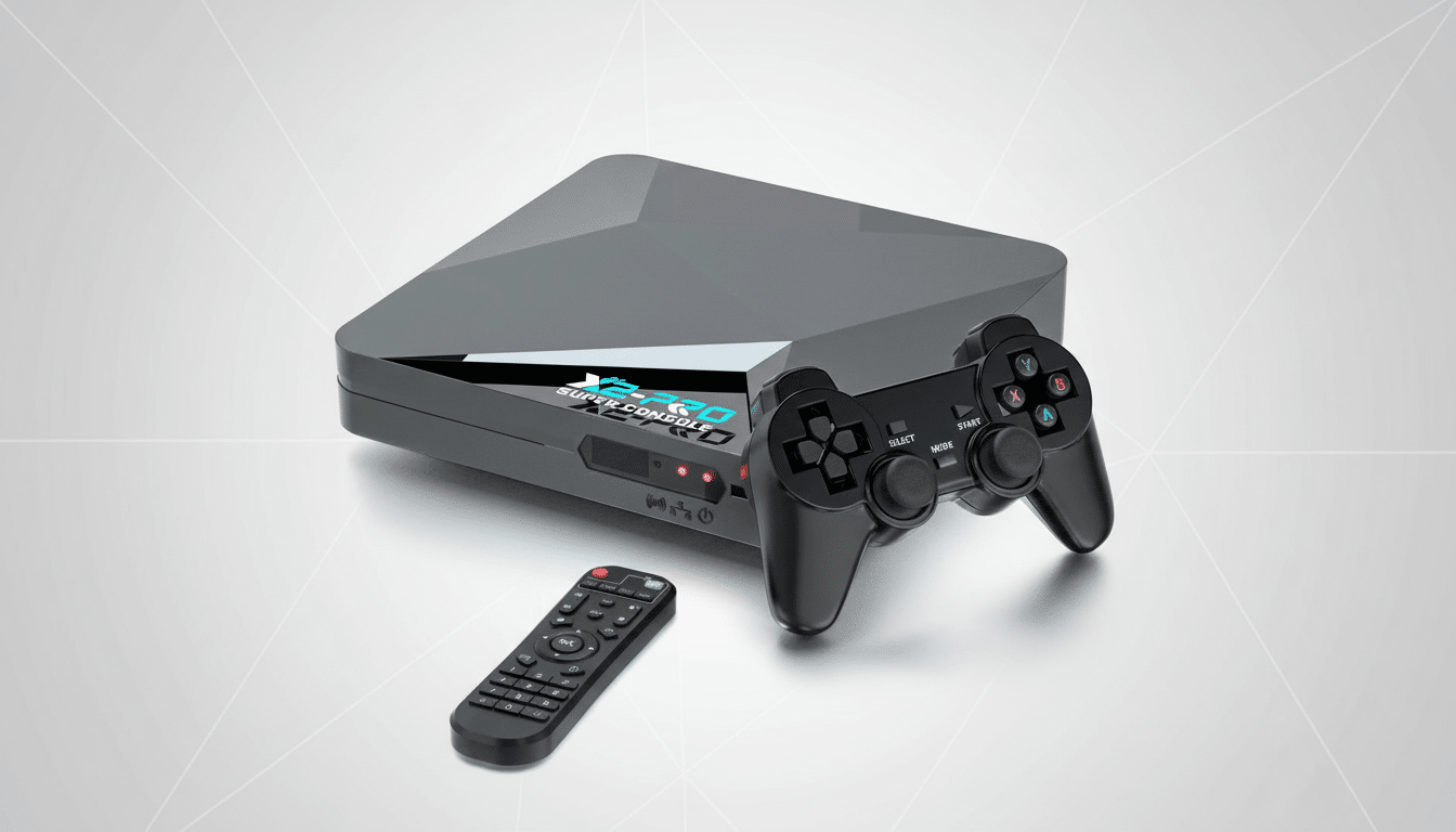 A gray Super Console X PRO gaming console with a black wireless controller and a black remote control, set against a professional light gray background with subtle geometric patterns.
