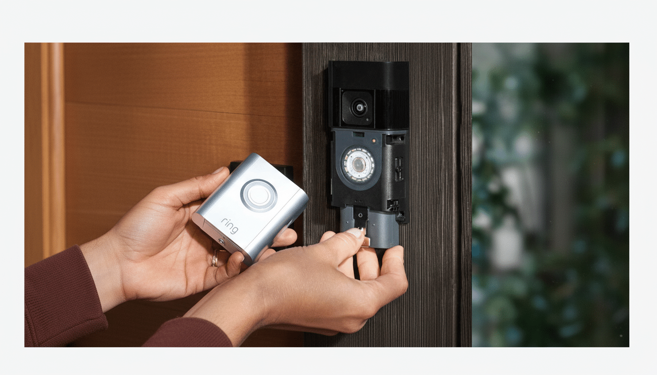 A persons hands installing a silver Ring doorbell unit into a black mounting bracket on a dark wooden door frame.