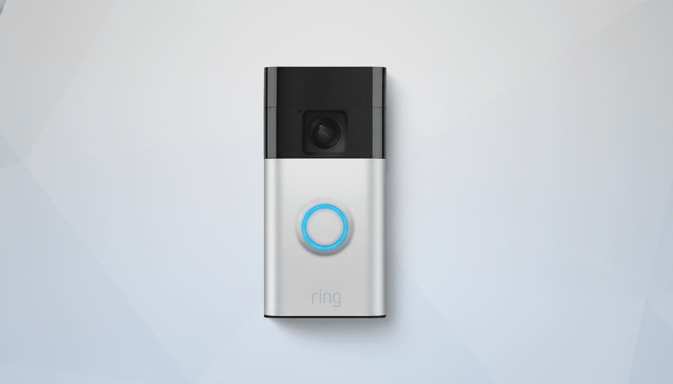 A Ring video doorbell with a silver body and black top, featuring a glowing blue ring around its button, set against a professional light gray background with subtle geometric patterns.