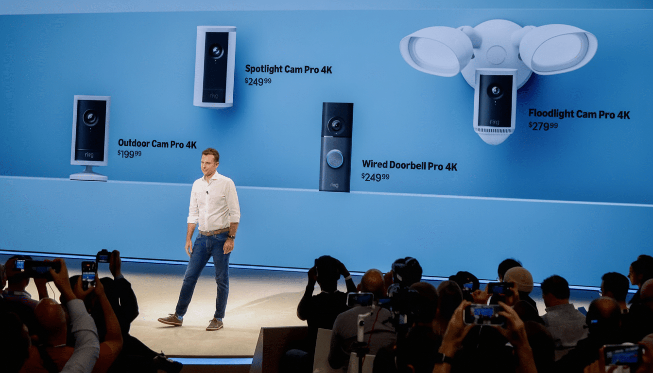 A man presenting Ring security cameras and doorbells on a stage with a large screen displaying product names and prices.