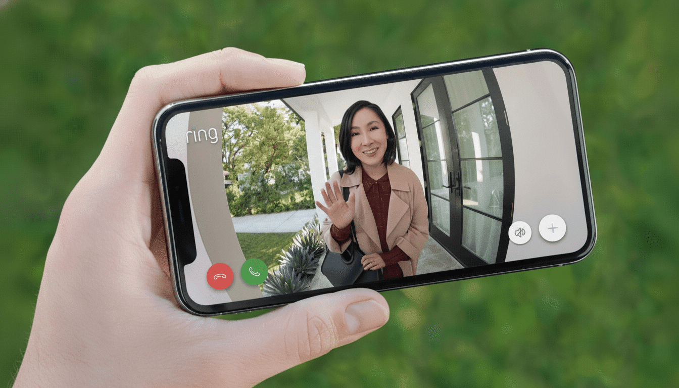 A hand holding a smartphone displaying a Ring video call with a woman waving.