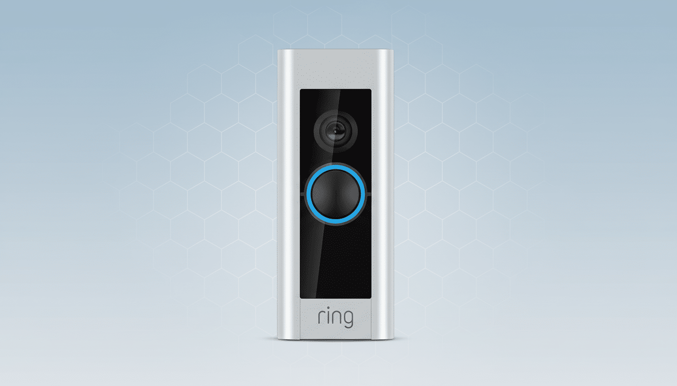 A Ring video doorbell in silver and black, centered on a light blue background with a subtle hexagonal pattern.