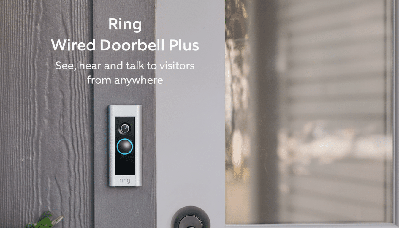 A Ring Wired Doorbell Plus mounted on a gray wall next to a white door, with text overlay describing its features.