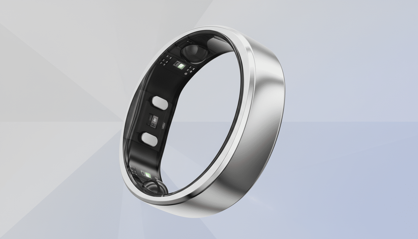 A silver smart ring with internal sensors and lights, presented on a professional flat design background with soft patterns and gradients.