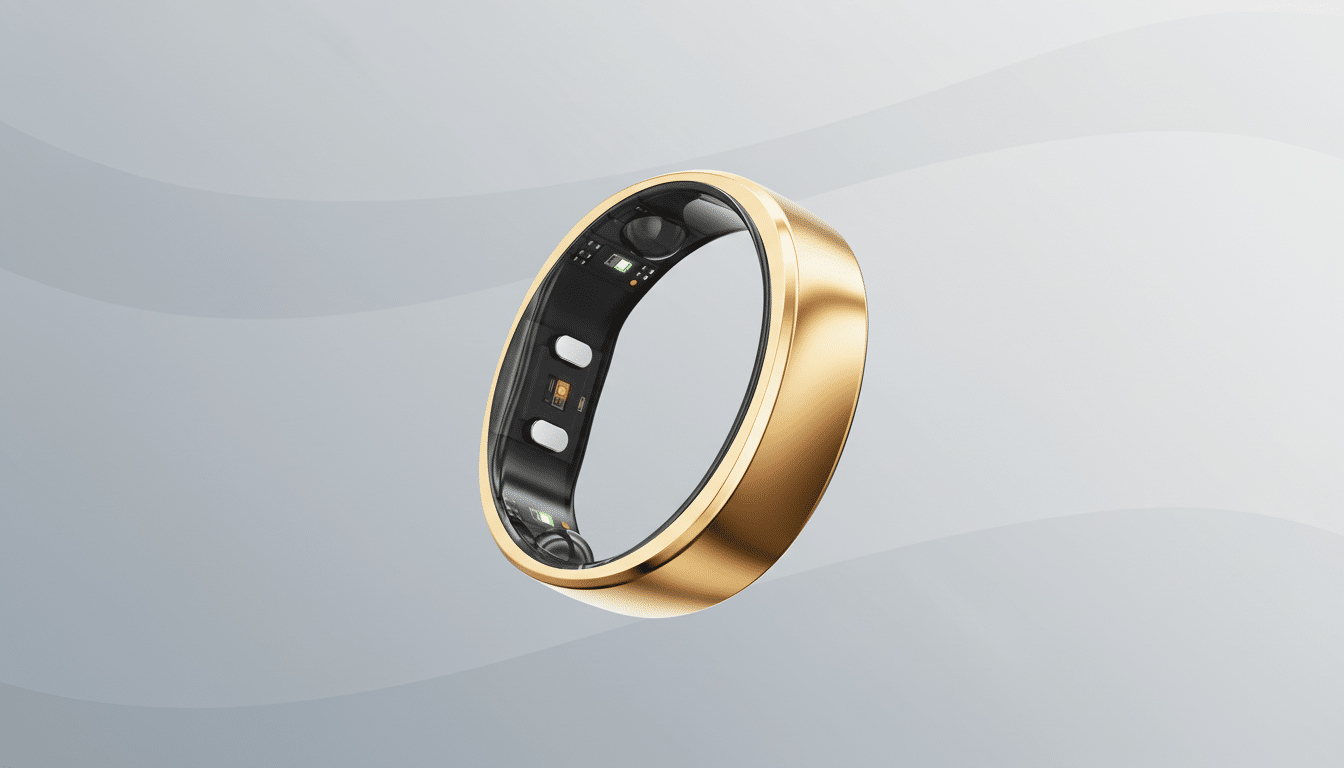 A gold smart ring with internal sensors visible, presented on a professional flat design background with soft gray gradients and subtle wave patterns.
