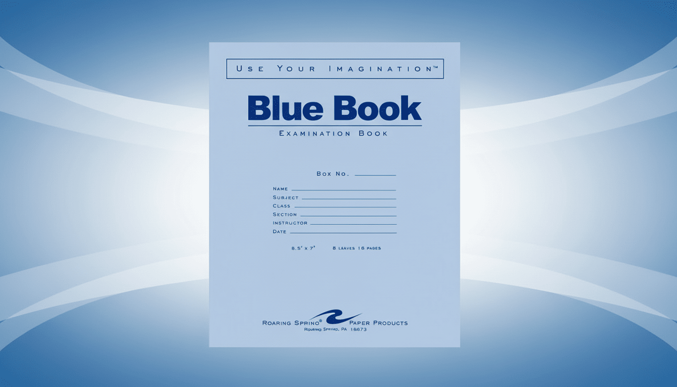 Stack of Blue Books on a classroom desk as schools combat AI cheating