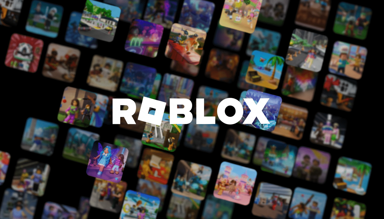 The Roblox logo in white text is centered on a black background, surrounded by a grid of blurred, colorful Roblox game thumbnails.