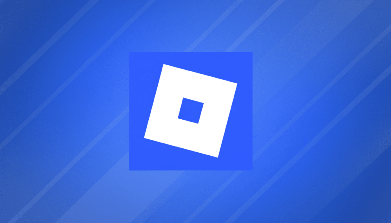 The Roblox logo, a white square with a smaller blue square inside, rotated slightly, set against a professional blue background with subtle diagonal line patterns.