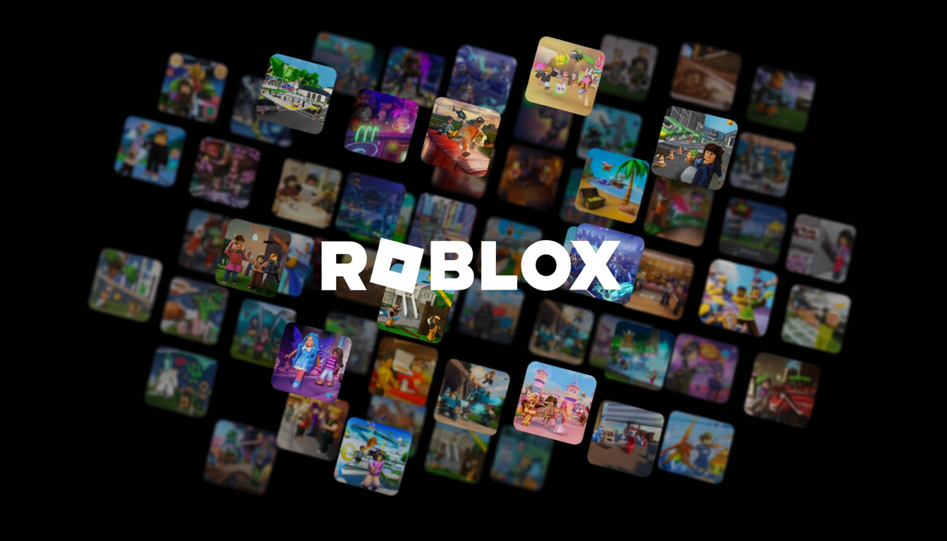 The Roblox logo in white, centered on a black background, surrounded by a grid of blurred, colorful Roblox game thumbnails.