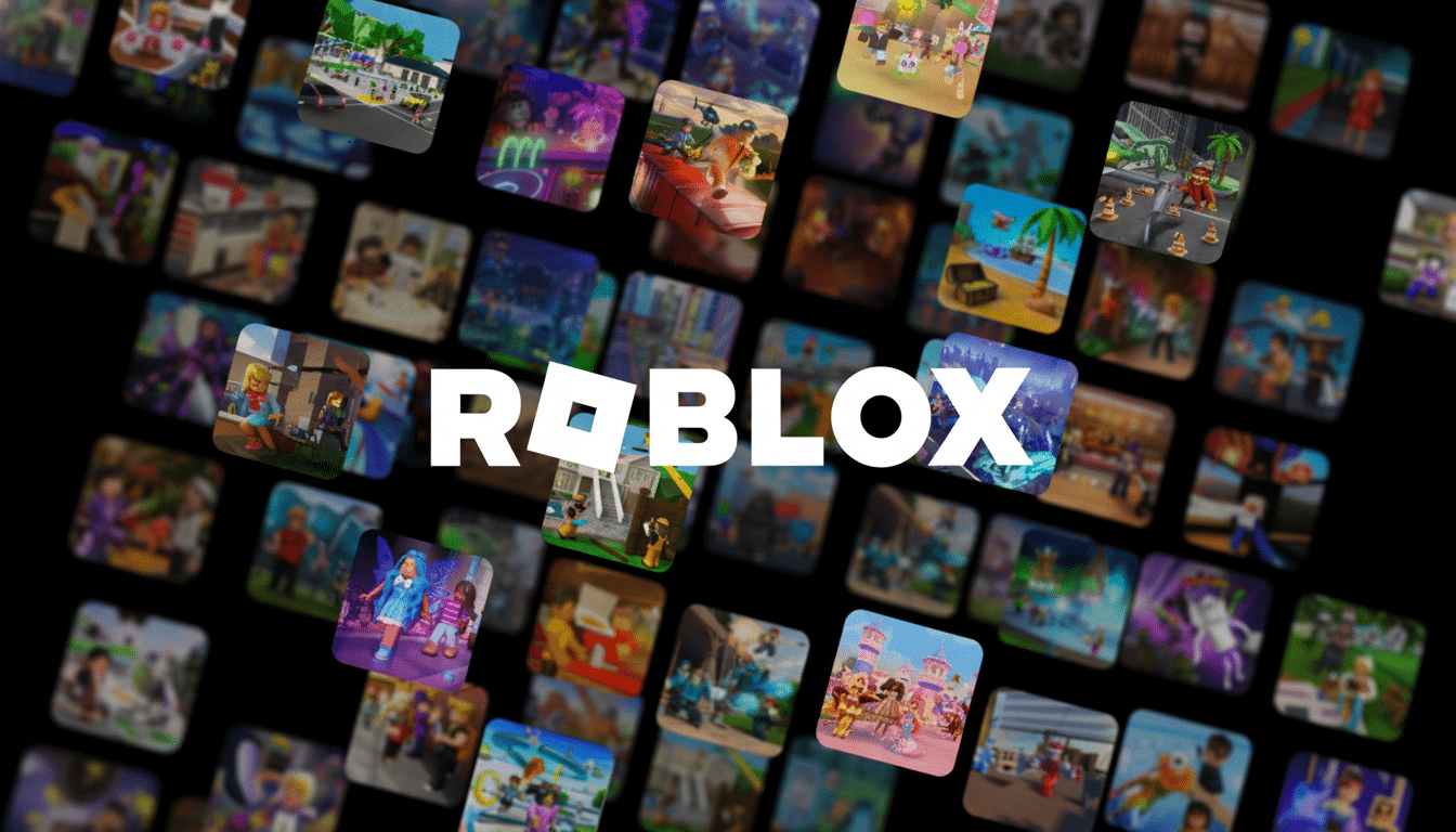 The Roblox logo in white text is centered on a black background, surrounded by a grid of blurred, colorful Roblox game thumbnails.