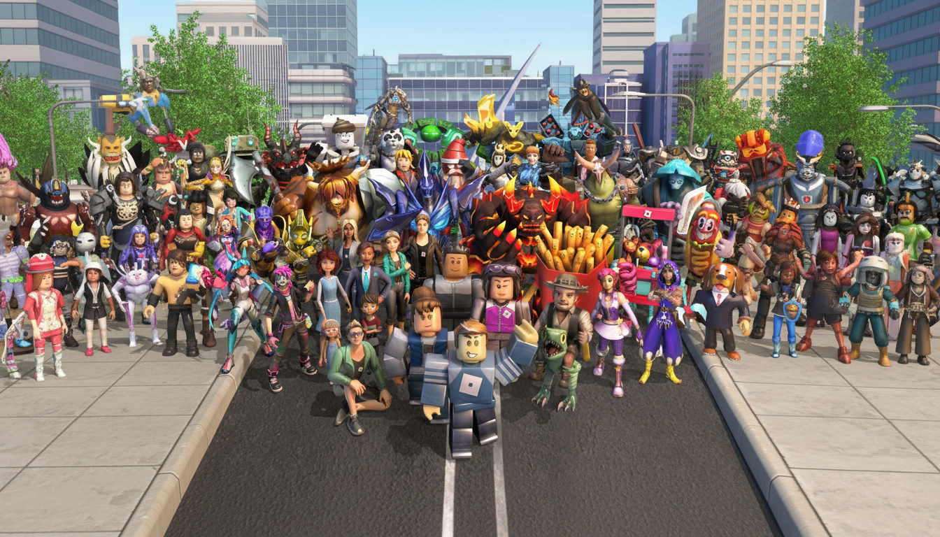 A large group of diverse Roblox avatars, including human-like characters and various creatures, standing on a street with buildings and trees in the background.