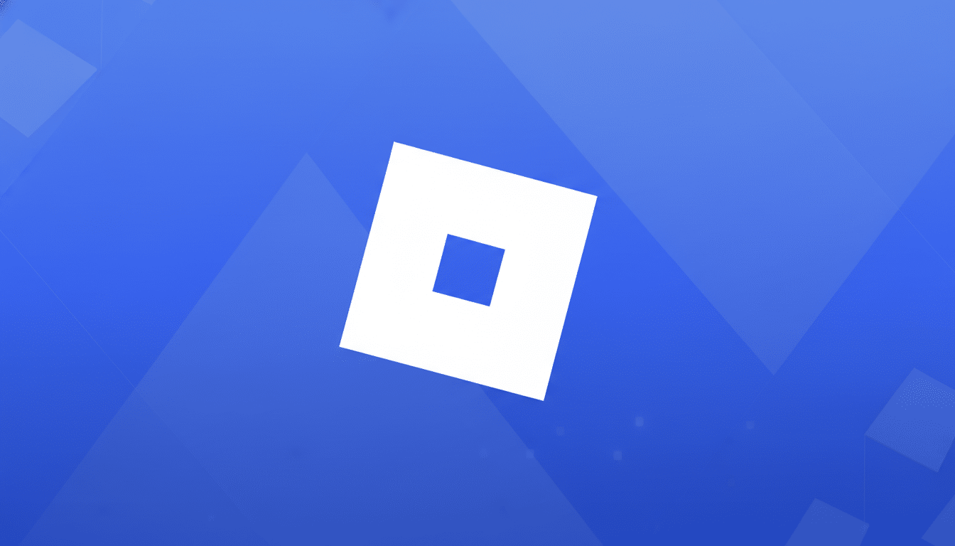 A 16:9 aspect ratio image featuring the Roblox logo, a white square rotated on a blue background, with a smaller blue square in its center. The background has been enhanced with subtle, soft blue geometric patterns and gradients for a professional flat design look.