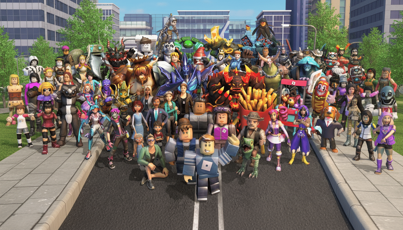A large group of diverse Roblox avatars, including human-like characters, fantastical creatures, and unique designs, standing on a paved road with buildings and trees in the background.