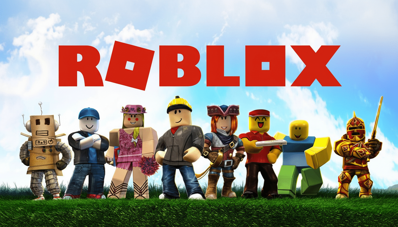 The Roblox logo in red above a line of diverse Roblox avatars standing on green grass under a blue sky with clouds.