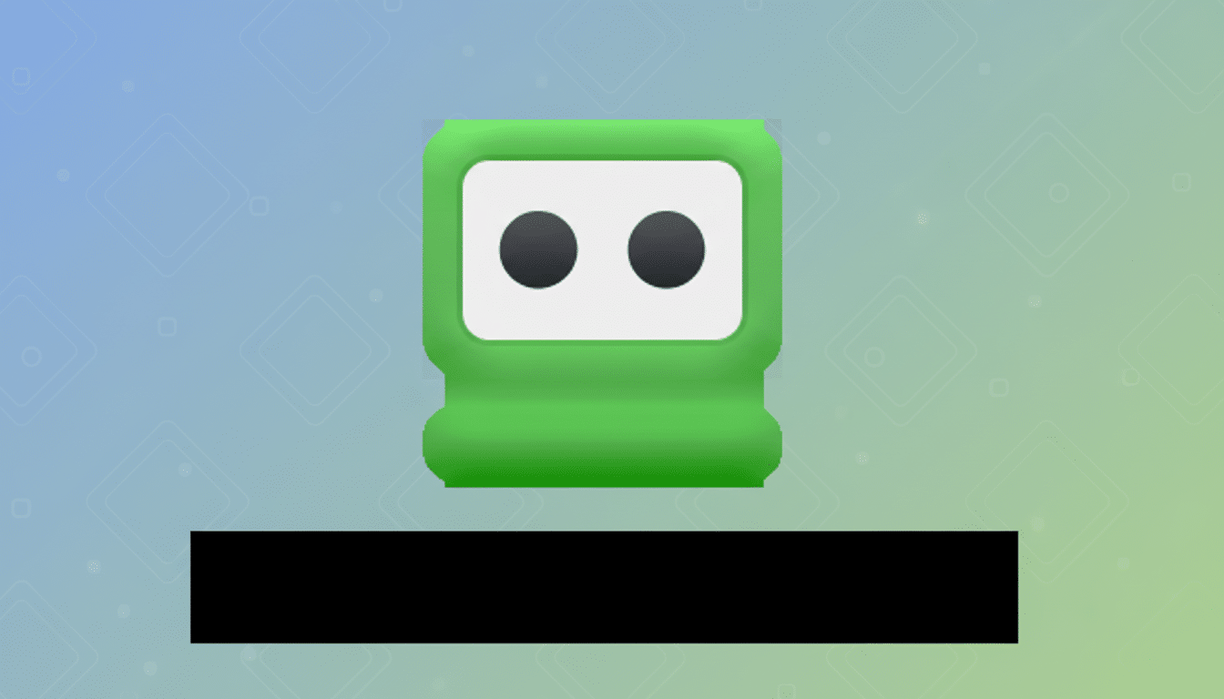 A green robot-like icon with two black eyes on a white screen, positioned above a black rectangular bar. The background is a professional flat design with soft blue and green gradients and subtle geometric patterns.