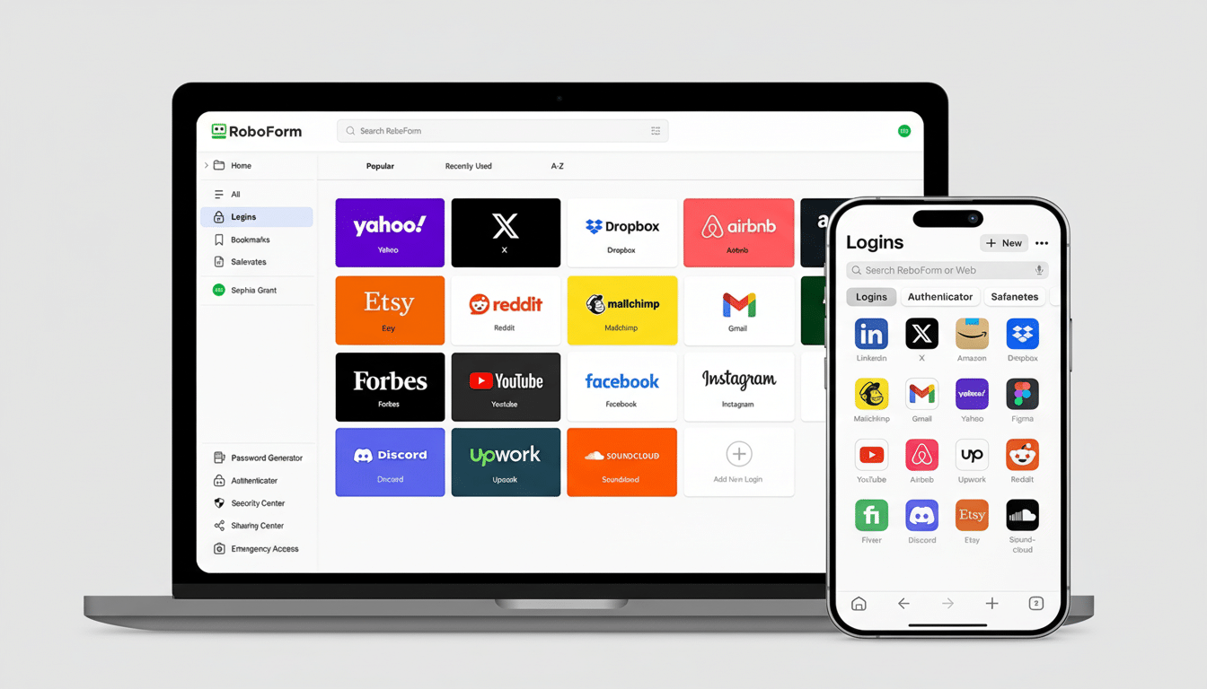 A laptop and a smartphone displaying the RoboForm password manager interface, showing various login icons for popular websites and services.