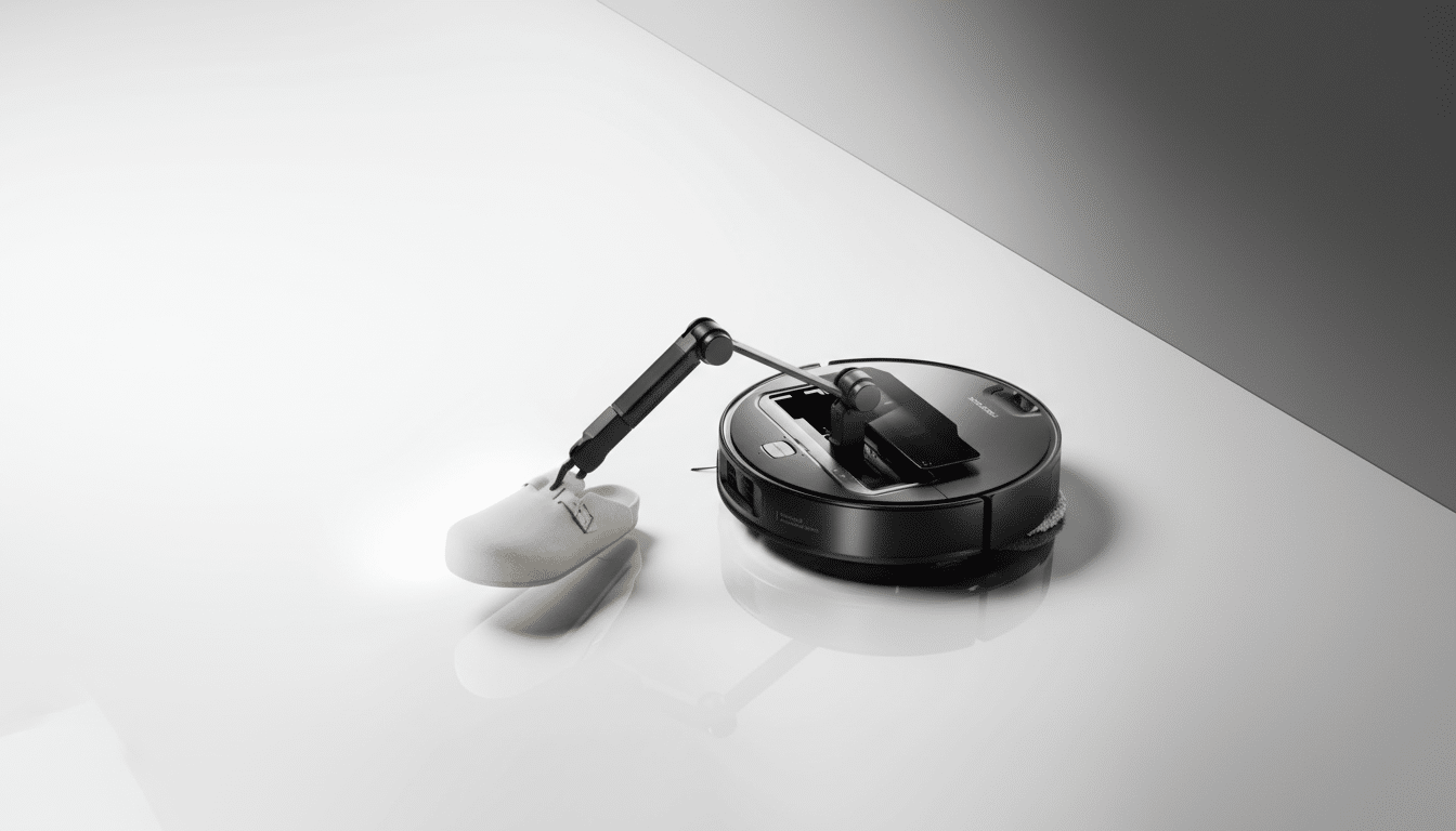 A black robotic vacuum cleaner with a robotic arm holding a light-colored slipper, set against a clean, professional background with a subtle gradient.