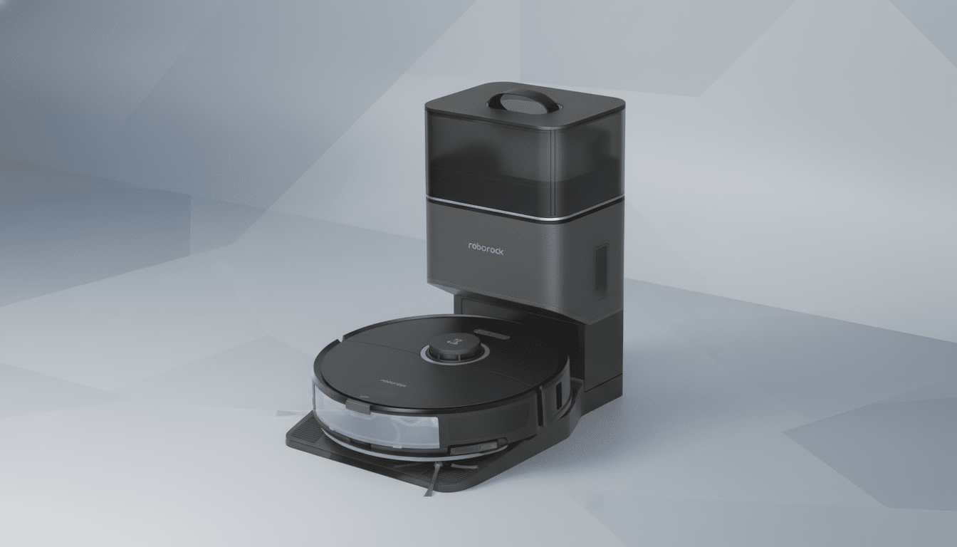 A black Roborock robot vacuum and its self-emptying dock are presented on a professional flat design background with soft gray geometric patterns.