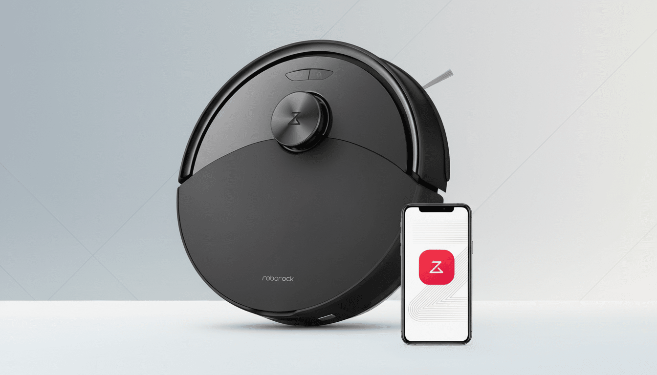 A black Roborock robot vacuum cleaner and a smartphone displaying the Roborock app, set against a professional flat design background with soft gradients.