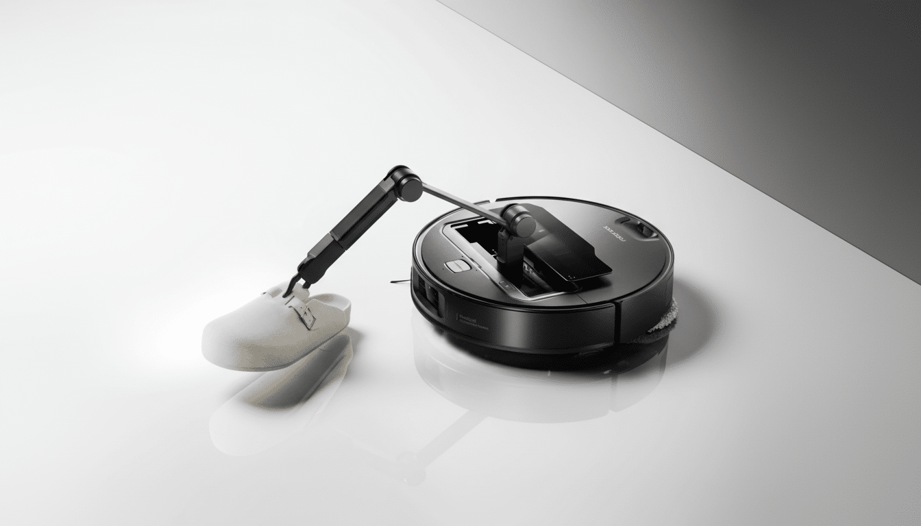 A black robotic vacuum cleaner with an attached robotic arm holding a light-colored slipper.