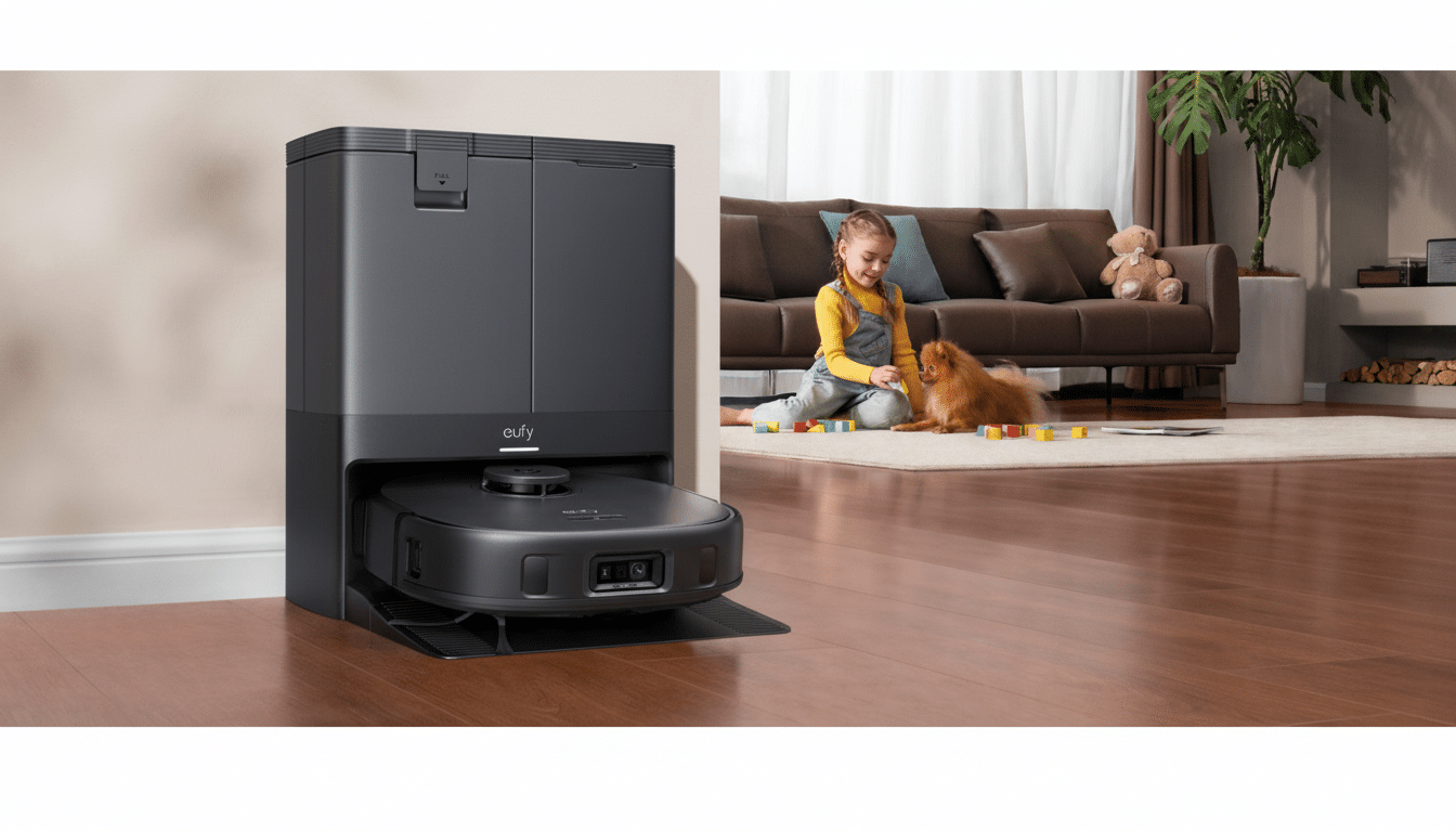 A Eufy robot vacuum docked in its charging station in a living room, with a young girl and a small dog playing on the floor in the background.