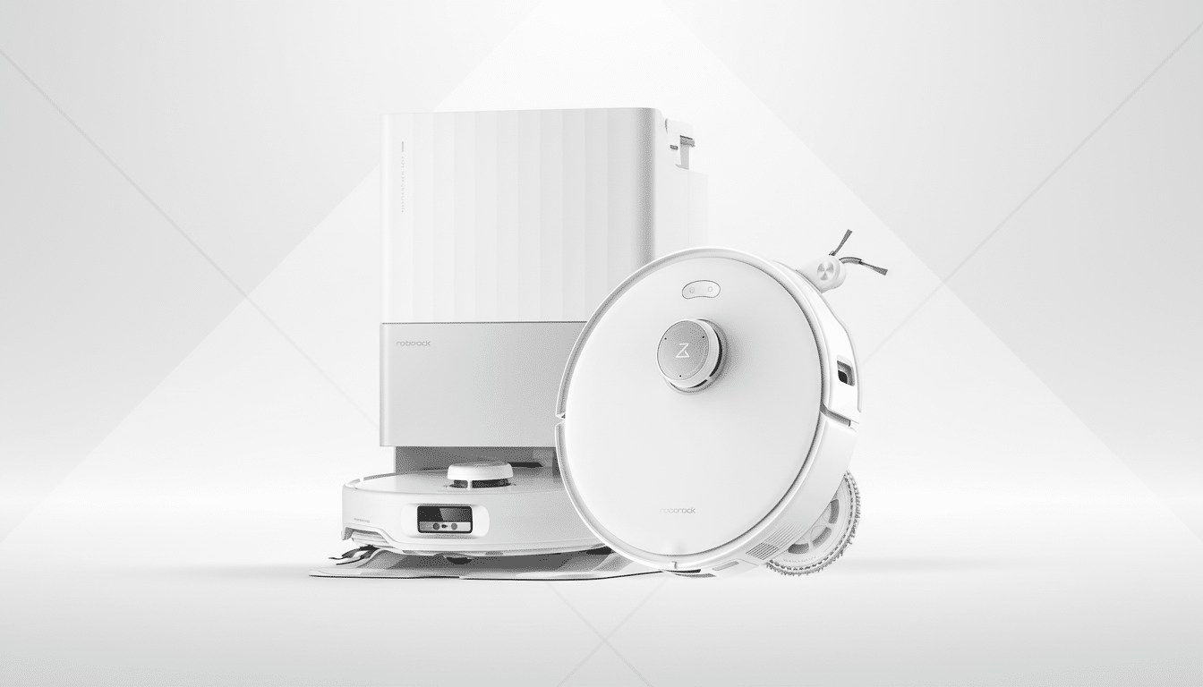 A white Roborock robot vacuum and its charging dock are presented on a professional flat design background with soft geometric patterns.