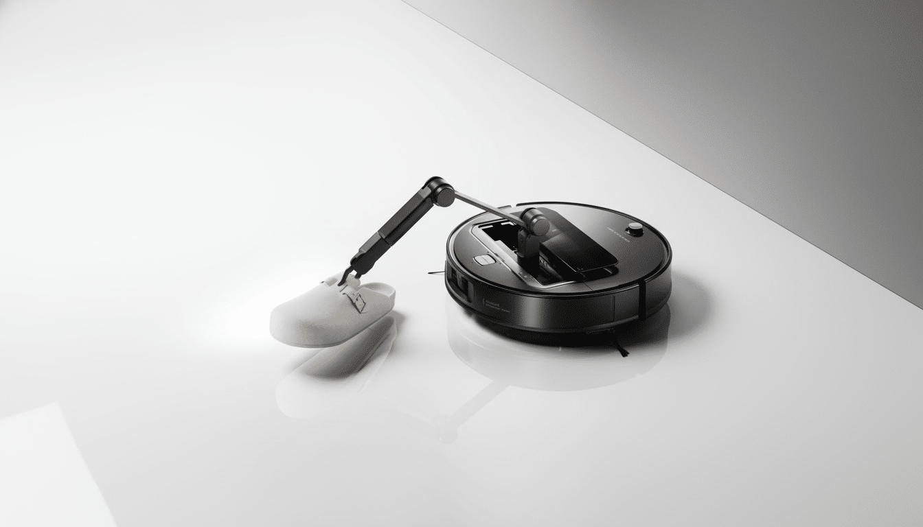 A black robotic vacuum cleaner with a robotic arm holding a light-colored slipper, set against a clean, professional white and gray background.
