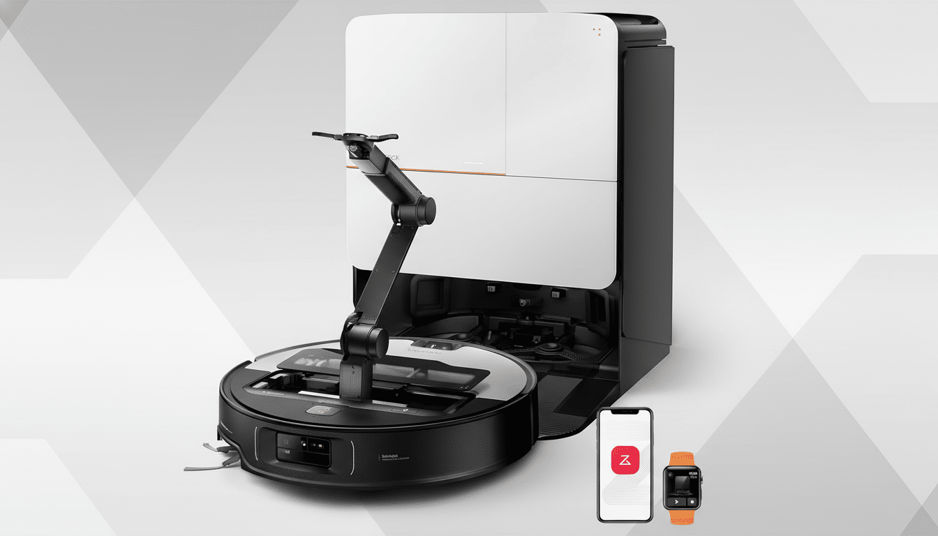 A black and white robotic vacuum cleaner with an attached robotic arm, next to a charging station. A smartphone displaying a red Z logo and an orange smartwatch are positioned in the foreground. The background is a professional flat design with soft gray patterns.