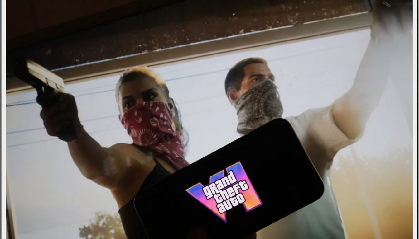 A 16:9 aspect ratio image showing two masked figures from Grand Theft Auto VI, with one holding a gun and the other holding a phone displaying the Grand Theft Auto logo.