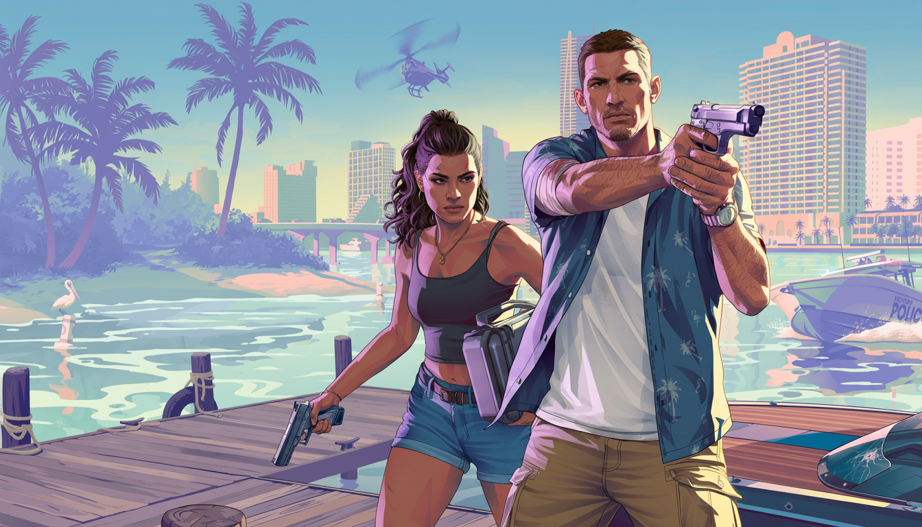 A man and a woman, both holding handguns, stand on a wooden dock with a city skyline and water in the background.