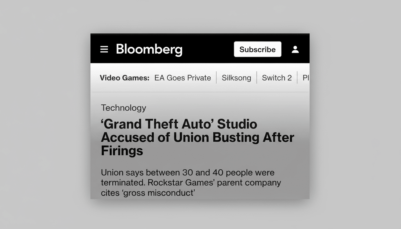 A screenshot of a Bloomberg article with the headline Grand Theft Auto Studio Accused of Union Busting After Firings displayed on a screen with a professional flat design background.