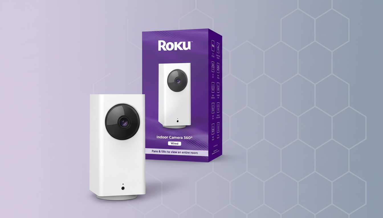 A white Roku Indoor Camera 360° and its purple packaging are displayed against a professional background with soft hexagonal patterns and a gradient.