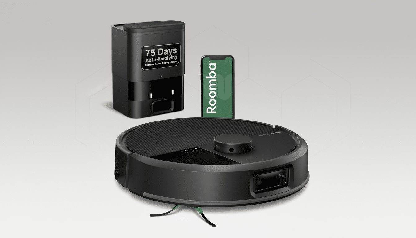A Roomba robot vacuum, its auto-emptying base, and a smartphone displaying the Roomba app, all set against a professional flat design background with soft patterns.