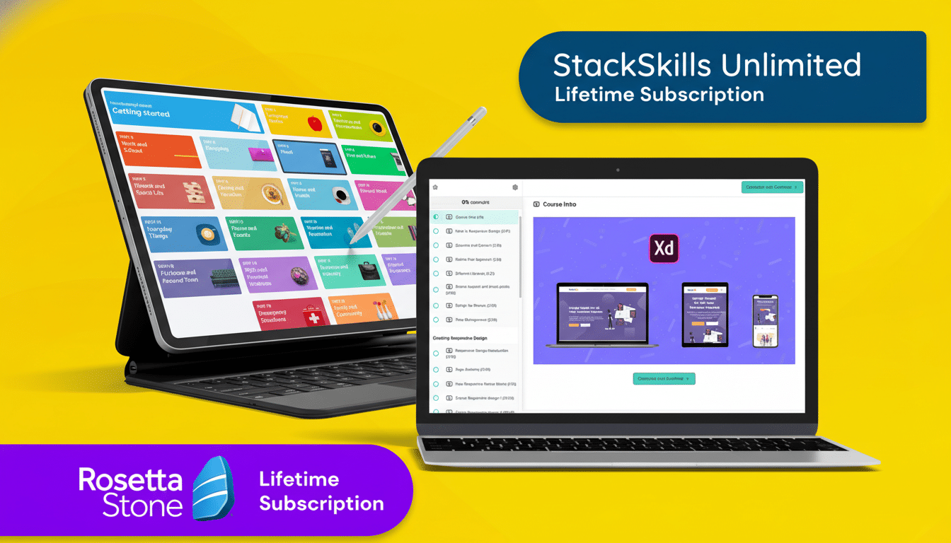 A tablet and a laptop displaying educational content, with StackSkills Unlimited Lifetime Subscription and Rosetta Stone Lifetime Subscription banners.