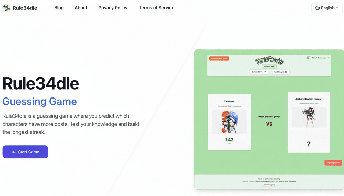 A screenshot of the Rule34dle guessing game website, featuring the game interface on the right with two character images for comparison, and the games title and description on the left.