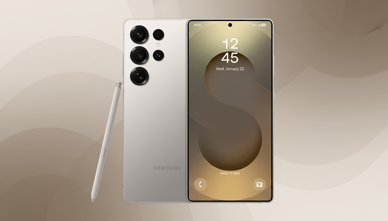 A Samsung Galaxy S23 Ultra in light gray, with its S Pen stylus, presented against a professional flat design background with soft patterns and gradients.